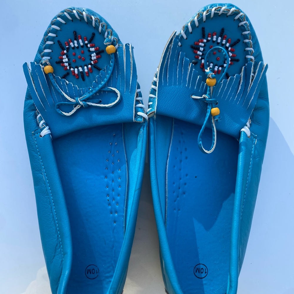 Vintage Turquoise Beaded Fringe Moccasins
